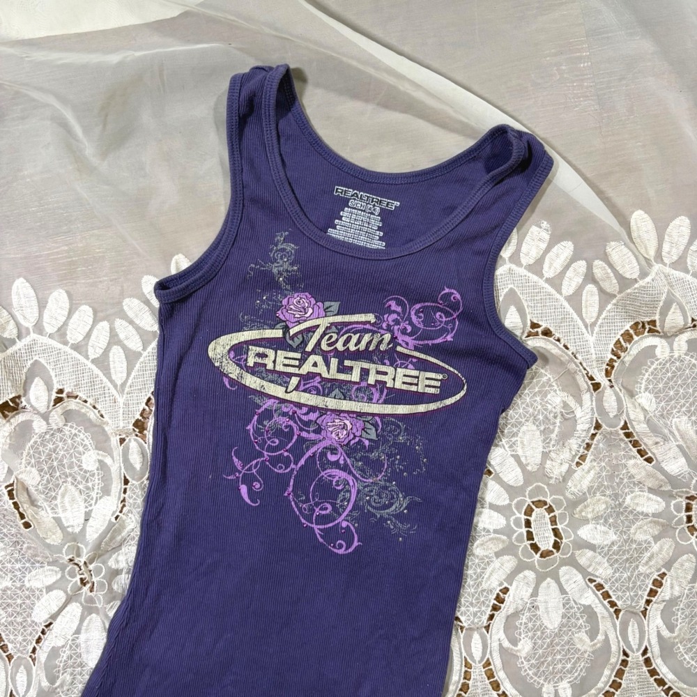 Realtree Y2K Mcbling Grunge Purple Ribbed Graphic Tank Top Team Realtree Roses S